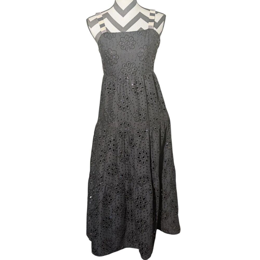 Desigual Black Floral Eyelet Embroidery Sequin Tiered Maxi Dress M Desigual